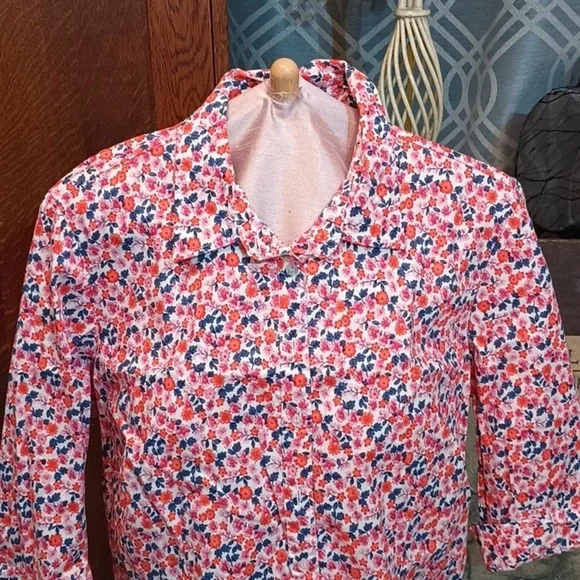 (e2-5) Pink, orange and teal mini floral pattern button up long sleeve shirt 18W - Picture 7 of 8